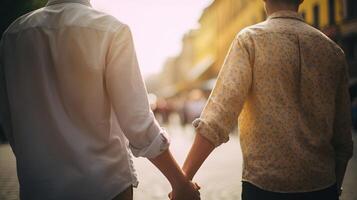 two gays hold hands, close-up on hands, darkened bokeh establishment. photo