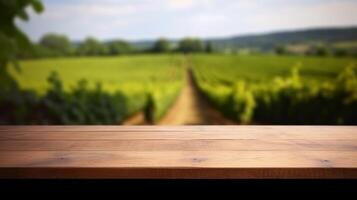 A French vineyard serves as the clouded establishment for an cleanse wooden table. Creative resource, photo