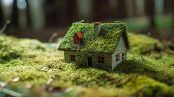 A paper private settled on a bed of greenery in a make, showing an eco-friendly house. Creative resource, photo