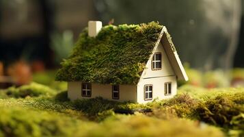 A paper private settled on a bed of greenery in a make, appearing an eco-friendly house. Creative resource, photo