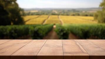 A French vineyard serves as the clouded foundation for an cleanse wooden table. Creative resource, photo