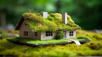 A paper private settled on a bed of greenery in a make, showing an eco-friendly house. Creative resource, photo