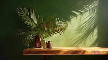 Cleanse wooden table counter with tropical palm tree in dappled daylight. photo