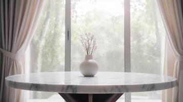 The foundation of an cleanse living room inner parts with window window embellishments is clouded behind an cleanse white marble stone tabletop. Creative resource, photo