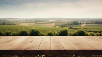 un francés viñedo sirve como el nublado establecimiento para un limpiar de madera mesa. creativo recurso, ai generado foto