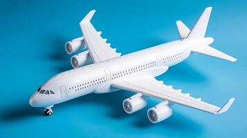 Near of white plane chart with clouds on blue foundation. Creative resource, photo