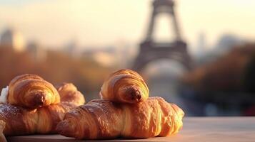 Delightful french croissants on nostalgic foundation of Eiffel tower, Paris. Creative resource, photo