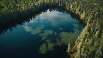 Airborne see of blue water lake and green summer woods in Finland. Creative resource, photo