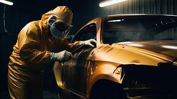 Car painter in defensive dress and cover portray a car, technician employing a paint splash weapon in a portray chamber. Creative resource, photo