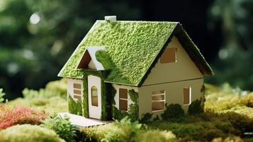 A paper private settled on a bed of greenery in a make, appearing an eco-friendly house. Creative resource, photo