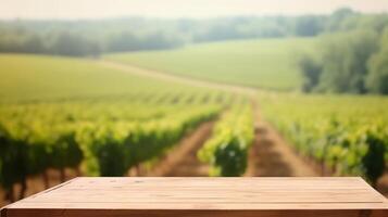 A French vineyard serves as the clouded foundation for an cleanse wooden table. Creative resource, photo