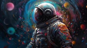 Excellent portray of an space explorer in a colorful bubbles universe on a distinctive planet. photo