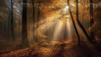 Disorienting scene of an collect time timberland with sunrays entering through the branches. photo