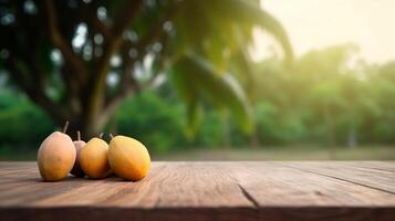 limpiar de madera mesa específico de hora como de tarde mango árbol establecimiento. creativo recurso, ai generado foto