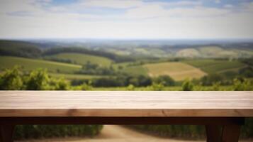 A French vineyard serves as the clouded establishment for an cleanse wooden table. Creative resource, photo