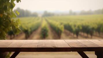 A French vineyard serves as the clouded foundation for an cleanse wooden table. Creative resource, photo