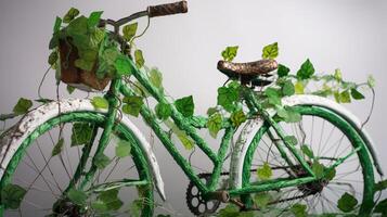 Bike secured with green leaf ring, eco and environment concept. Creative resource, photo