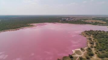 etéreo ver de rosado lago, asombroso ver desde costa. ai generado foto