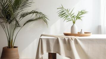 Obliged beige cotton tablecloth on counter table, tropical dracaena tree in sunshine on white divider establishment. photo