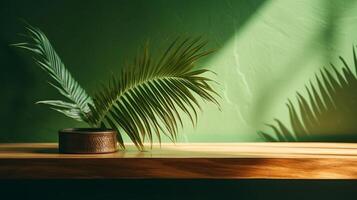 Cleanse wooden table counter with tropical palm tree in dappled daylight. photo