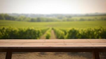 A French vineyard serves as the clouded foundation for an cleanse wooden table. Creative resource, photo