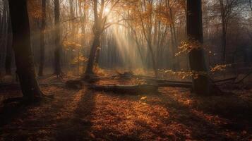 desconcertante escena de un acumular hora bosque con rayos de sol entrando mediante el sucursales. ai generado foto