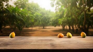 limpiar de madera mesa específico de hora como de tarde mango árbol establecimiento. creativo recurso, ai generado foto