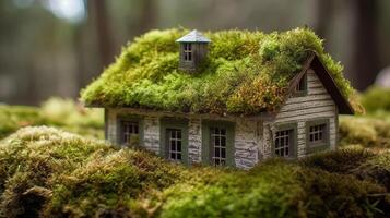 A paper private settled on a bed of greenery in a make, showing an eco-friendly house. Creative resource, photo