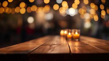 Cleanse wooden table beat with lights bokeh on cloud diner establishment. Creative resource, photo