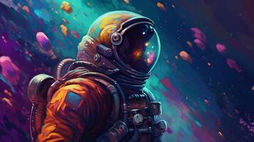 Overwhelming depict of an space pioneer in a colorful bubbles universe on a unmistakable planet. photo