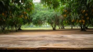 limpiar de madera mesa específico de hora como de tarde mango árbol establecimiento. creativo recurso, ai generado foto