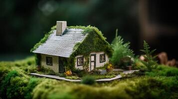 A paper private settled on a bed of greenery in a make, appearing an eco-friendly house. Creative resource, photo