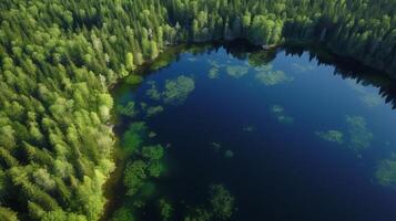 aerotransportado ver de azul agua lago y verde verano bosque en Finlandia. creativo recurso, ai generado foto