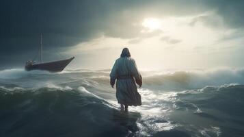 Jesus strolls on water over the ocean towards a watercraft within the middle of a storm. Scriptural subject concept. photo