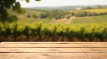 A French vineyard serves as the clouded establishment for an cleanse wooden table. Creative resource, photo