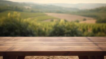 un francés viñedo sirve como el nublado Fundación para un limpiar de madera mesa. creativo recurso, ai generado foto