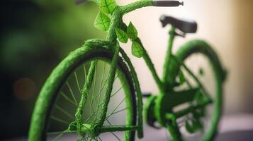 Bike secured with green leaf ring, eco and environment concept. Creative resource, photo