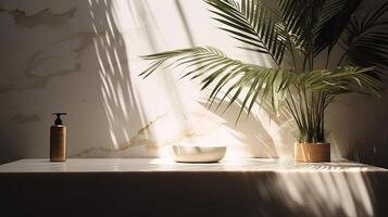 Obliged beige cotton tablecloth on counter table, tropical dracaena tree in sunshine on white divider establishment. photo