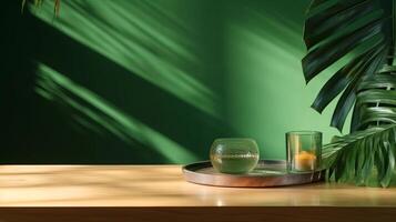 Cleanse wooden table counter with tropical palm tree in dappled sunshine. photo