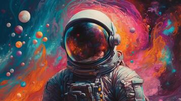 Overpowering depict of an space pioneer in a colorful bubbles universe on a unmistakable planet. photo