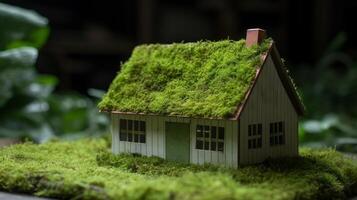 A paper private settled on a bed of greenery in a make, showing an eco-friendly house. Creative resource, photo