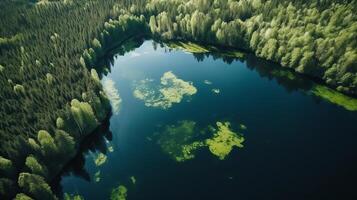 aerotransportado ver de azul agua lago y verde verano bosque en Finlandia. creativo recurso, ai generado foto