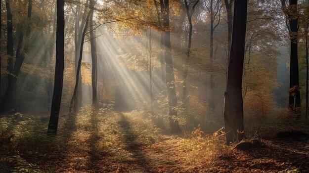 Disorienting scene of an collect time timberland with sunrays entering through the branches. photo