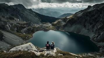 picture of some of of on best of a mountain looking at an snow capped lake. Creative resource, photo