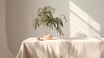 Separated beige cotton tablecloth on counter table, tropical dracaena tree in sunshine on white divider establishment. photo