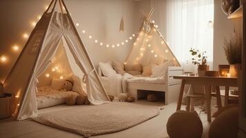 Kids room in light colors. Cozy kids room internal parts parts, scandinavian nordic organize with light wreaths and delicate pads. Creative resource, photo