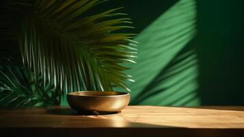 Cleanse wooden table counter with tropical palm tree in dappled daylight. photo