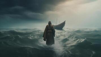 Jesus walks on water over the sea towards a watercraft inward parts the center of a storm. Scriptural subject concept. photo