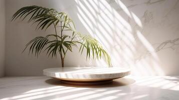 Obliged beige cotton tablecloth on counter table, tropical dracaena tree in daylight on white divider foundation. photo