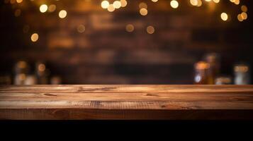 Cleanse wooden table beat with out of center lights bokeh common farmhouse kitchen establishment. Creative resource, photo
